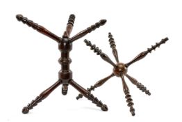 TWO TREEN 'CATS' OR BOWL STANDS, fruitwood revolving, six leg, and ring turned to central sphere,