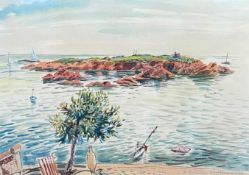 EDGAR HOLLOWAY watercolour - entitled, 'Ile Des Vieilles', signed and dated 1986, 37 x 52cms