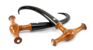 GOOD PAIR OF TREEN & ANTLER MOUNTED BOOT PULLS, turned handles with ivory ornament, each 13cms (h)