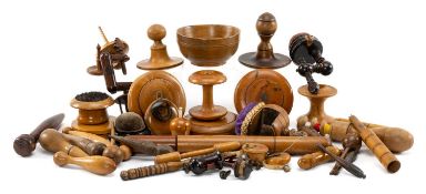 ASSORTED CLOTHING CARE & REPAIR TREEN, including darning mushrooms, wool bowl, thread holder, tape
