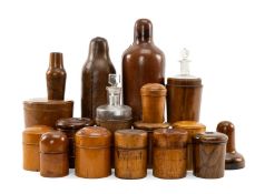 COLLECTION OF PHARMACY TREEN, cased bottles in turned olive wood for water from the Holy Land,