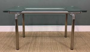 CONTEMPORARY DANISH GLASS & ALUMINIUM EXTENDING DINING TABLE BY ACTONA, tempered glass top,