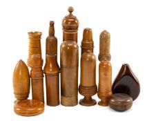 COLLECTION OF TREEN, including camphor sticks, cased scent bottles, circular vinaigrettes etc.