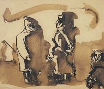 ‡ JOSEF HERMAN OBE RA (1911-2000) ink wash - two figures in conversation on Attic Gallery label,