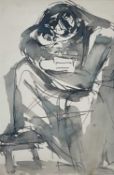 ‡ JOSEF HERMAN OBE RA (1911-2000) ink wash - a mother embracing a child on Attic Gallery label,