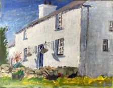 HUW JONES acrylic on board - entitled 'Melin Cafnan, a farmhouse, Ynys Mon', signed, 45 x 55cms