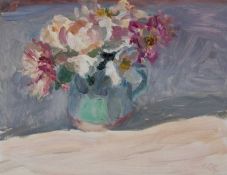 LYNNE CARTLIDGE (b. 1964) oil on board - 'Autumn Flowers in Sunlight', 38 x 45cms Gallery Price: £