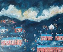 THERESE JAMES (b. 1959) acrylic on canvas - entitled 'Land of My Fathers', signed, 72 x 82cms