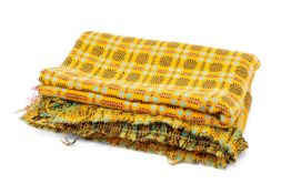 WELSH COTTON WOVEN BLANKET/THROW, woven in orange, brown, pink, green and white, with a geometric ‘