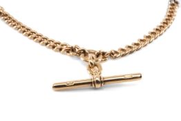 9CT GOLD CURB LINK ALBERT WATCH CHAIN, T-bar, ring and lobster claw clasp, 39.2gms, 44cms (l)