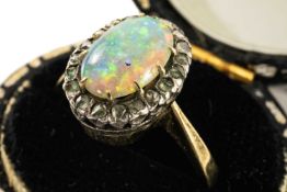 18CT OPAL & DIAMOND RING, the oval opal approx. x mms, within narrow border of diamond chips, 4.1gms