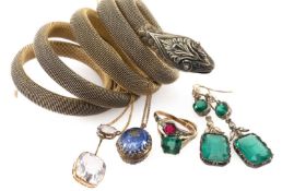 GROUP OF JEWELLERY comprising pair green synthetic spinel and white gemstone drop earrings, two