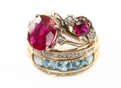 THREE GOLD RINGS comprising 9ct gold blue topaz and diamond chip ring, 14k gold diamond and