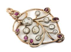 9CT GOLD DIAMOND & RUBY PENDANT of leaf design set with rose cut diamonds, 6.5gms Provenance: