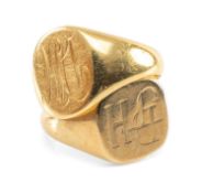TWO GOLD SIGNET RINGS, both engraved initials DJH, one presumed 18ct, 6.0gms, the other 9ct, 5.