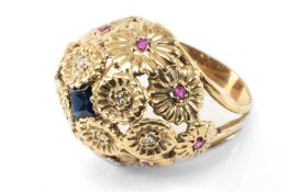 YELLOW METAL SAPPHIRE, DIAMOND & PINK STONE DRESS RING, of flowerhead design, ring size P, 6.1gms