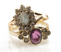 14CT GOLD RUBY & DIAMOND RING, oval cut stone between triple diamond shoulders 2.0gms, and