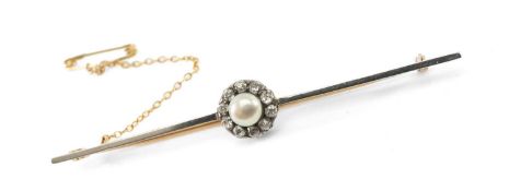 ANTIQUE YELLOW METAL DIAMOND & PEARL CLUSTER BAR BROOCH, the single pearl within border of ten