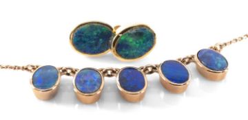 PAIR 18CT GOLD BLACK OPAL DOUBLET EAR STUDS, oval, 2.2gms and 9ct gold 5-stone black opal doublet