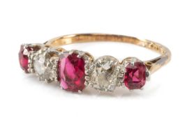 18CT. GOLD & PLATINUM FIVE STONE DIAMOND & RUBY RING, 2.8gms Provenance: private collection