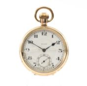 ROLEX GOLD PLATED OPEN FACED POCKET WATCH, stepped white enamel dial with Arabic numerals, minute