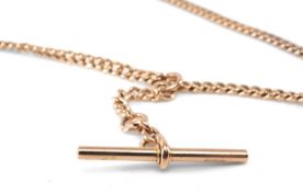 9CT GOLD CURB LINK ALBERT WATCH CHAIN, the running T-bar and two lobster clasps, 24.5gms, 39cms (