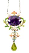 ATTRIBUTED TO THOMAS WORDLEY LTD: FINE 19TH C. AMETHYST, PERIDOT, DIAMOND, PEARL & ENAMEL PENDANT,