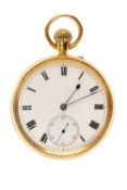 18CT GOLD KEYLESS WIND POCKET WATCH, 1907, frosted three quarter plate jewelled lever movement