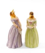TWO ROYAL WORCESTER 'JENNY LIND' CANDLE SNUFFERS, Confidence and Diffidence, holding song sheets