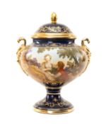 MODERN CONTINENTAL PORCELAIN URN & COVER, colour printed and painted with 18th C. rustic couple