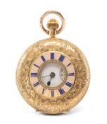 18K LADIES' HALF HUNTER FOB WATCH, with pink and blue guilloche chapter ring to the upper case,
