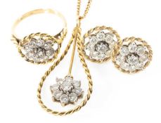 SUITE OF JEWELLERY comprising 18ct gold nine stone diamond flower head pendant on 9ct gold chain,