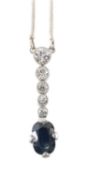 WHITE METAL DIAMOND & SAPPHIRE DROP PENDANT, designed as five graduated round cut diamonds (