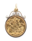 GEORGE V GOLD SOVEREIGN, 1911, in 9ct gold scroll mount pendant, 9.7gms Provenance: private