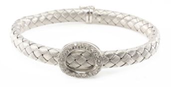 14KT WHITE GOLD FLEXIBLE BRACELET, of plaited design with diamond set oval centrepiece, cabochon
