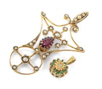GOLD JEWELLERY comprising 9ct gold emerald and diamond chip pendant, and a 9ct gold seed pearl