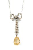 ANTIQUE WHITE & YELLOW METAL DIAMOND & CITRINE DROP PENDANT of petal and bow drop design terminating