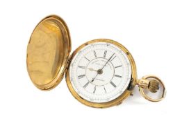 18CT GOLD FULL HUNTER 'DECIMAL CHRONOGRAPH' POCKET WATCH, stepped white enamel dial with Roman