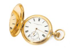 18CT GOLD FULL HUNTER POCKET WATCH, the white enamel dial with Roman numerals, minute track and
