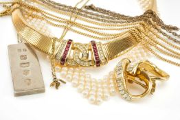 ASSORTED COSTUME & SILVER JEWELLERY, comprising Christian Dior necklace, pair ear clips, cultured