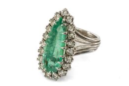 WHITE METAL EMERALD & DIAMOND CLUSTER RING, the emerald of long pear shape (19 x 7mms approx.)
