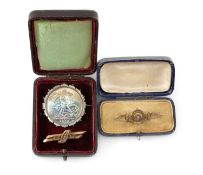 TWO EDWARDIAN 9CT GOLD BAR BROOCHES & SILVER CROWN BROOCH, the gold brooches set with split seed