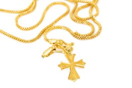 YELLOW METAL CROSS PENDANT, stamped '22ct', on yellow metal chain stamped 'KDM', 6.7gms