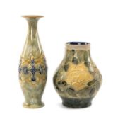 TWO ROYAL DOULTON STONEWARE VASES, one squat baluster shape, decorated with rose, 19cms (h), the