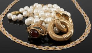 9CT GOLD JEWELLERY & PEARL NECKLACE, comprising Italian three-colour gold plaited necklace, pair