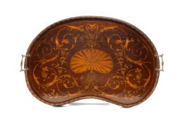 EDWARDIAN MARQUETRY KIDNEY-SHAPED TRE TRAY, with brass handles, inlaid with scrolling acanthus and