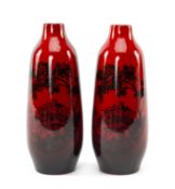 PAIR ROYAL DOULTON FLAMBÉ WOODCUT VASES, shape 1614, decorated with a castle on a hill with tree