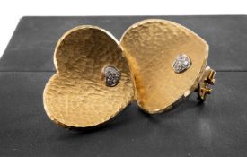 PAIR PASQUALE BRUNI 18CT GOLD & DIAMOND GOLD EAR CLIPS, as hearts with hammered bowed fronts with