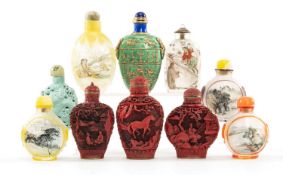 ASSORTED CHINESE SNUFF BOTTLES, including carved turquoise glazed porcelain dragon bottle, five