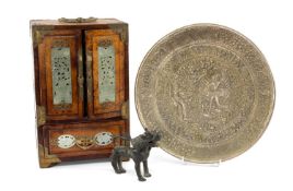 CHINESE GREEN STONE INLAID JEWELLERY BOX, modelled as cabinet, together with Indonesian pressed